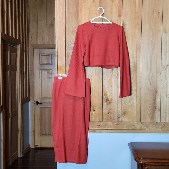 Band of the Free Ribbed Knit Crop Top & Midi Pencil Skirt Set, Medium, Rust - Picture 1 of 13